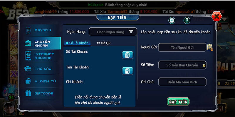 Sử dụng phương thức chuyển khoản để gửi tiền vào tài khoản cá cược B52
