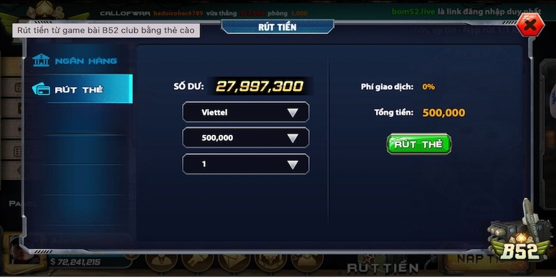 Hướng dẫn rút tiền B52 Club thông qua thẻ cào