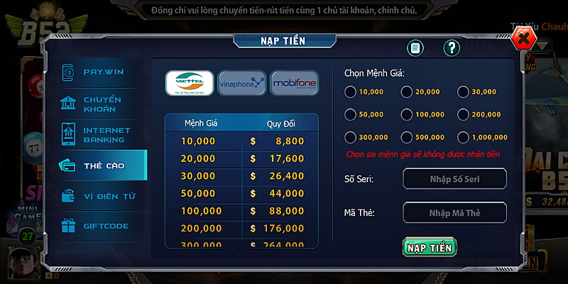 Áp dụng hình thức card điện thoại để gửi tiền vào B52 Club